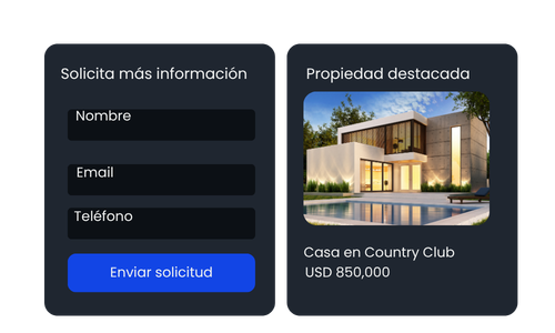 dos pantallas mostrando elementos de una web inmobiliaria, en la primera tarjeta un formulario, segunda tarjeta un loop de una casa